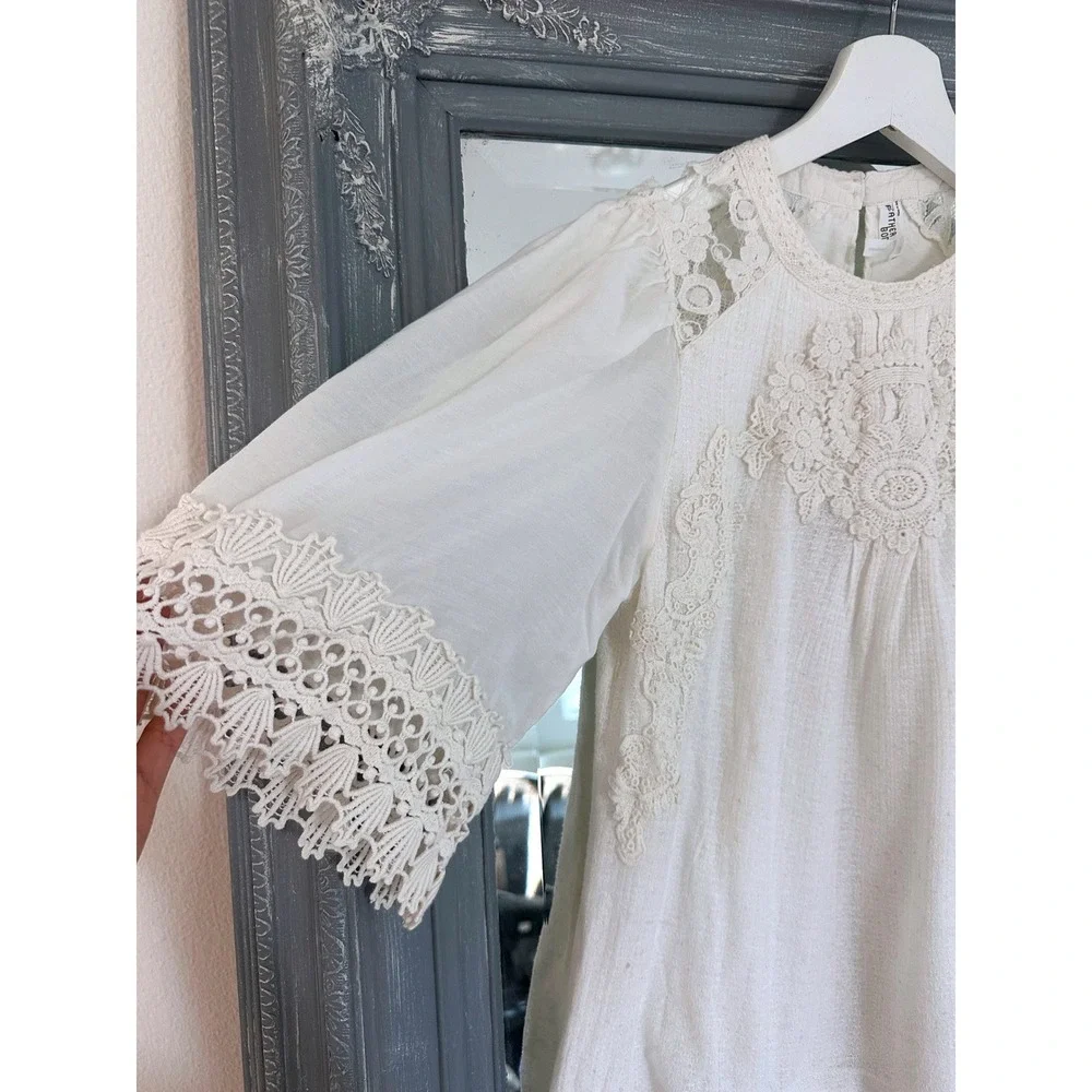 Anthropologie Feather Bone White Armana Lace Trim Crochet Puff Sleeve Blouse XS